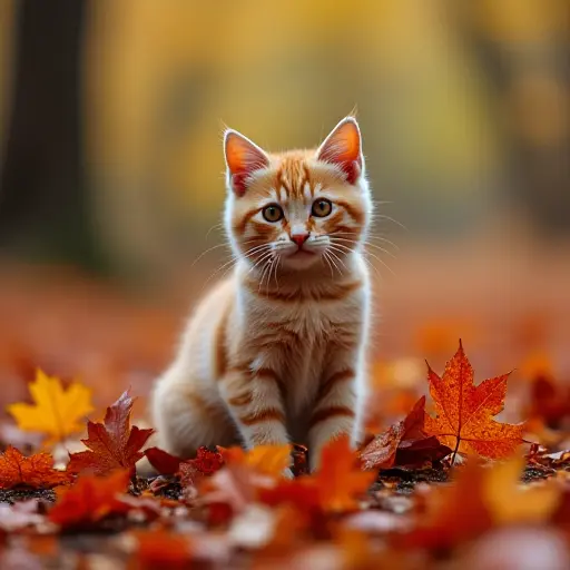 A cat sitting on a fallen pile of colorful autumn leaves in a forest, its fur blending with the warm reds, oranges, and yellows of the leaves as they swirl around.