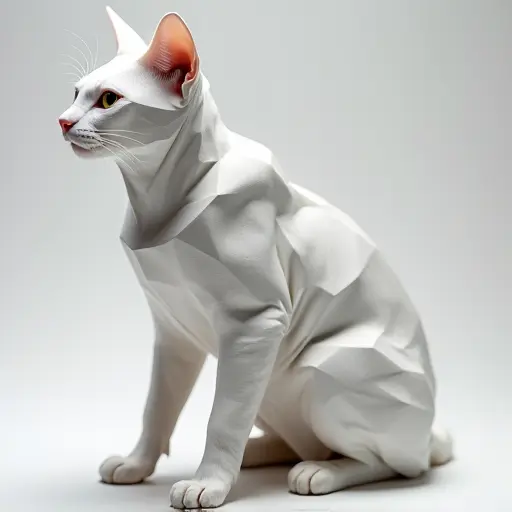 A cat with sleek folded paper textures, resembling a futuristic, origami-inspired design with sharp, clean edges.