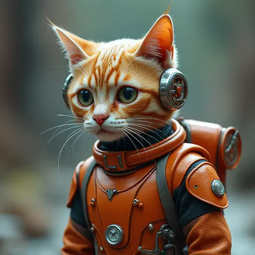 A cat designed in a retro-futuristic style, combining elements from past visions of the future with modern, digital aesthetics.