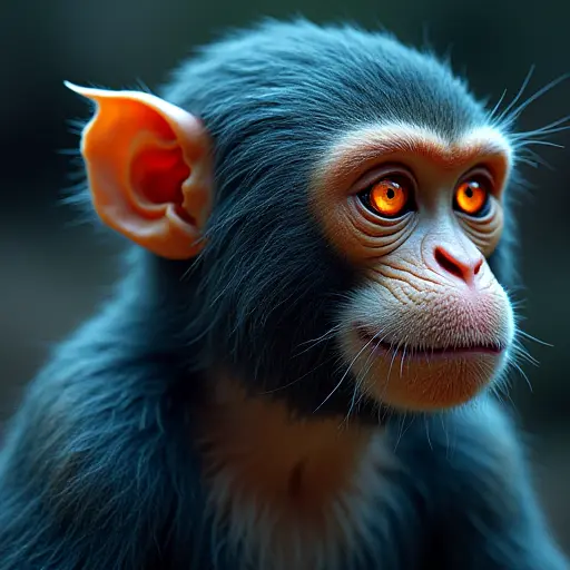 A monkey with futuristic metallic fur and glowing eyes, representing the next stage of evolution in the digital age.