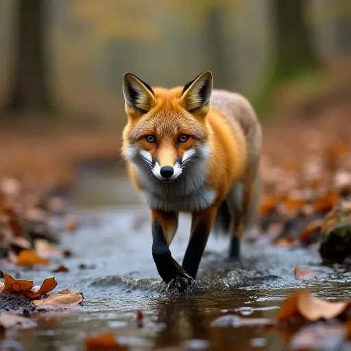 A fox walking gracefully through a small stream in an autumn forest, with fallen leaves drifting in the water around its paws.