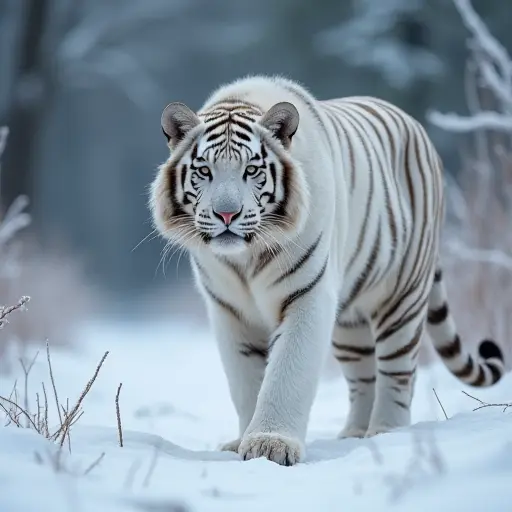 A white tiger walking through a frozen landscape, its breath visible in the cold air, surrounded by frosted trees.