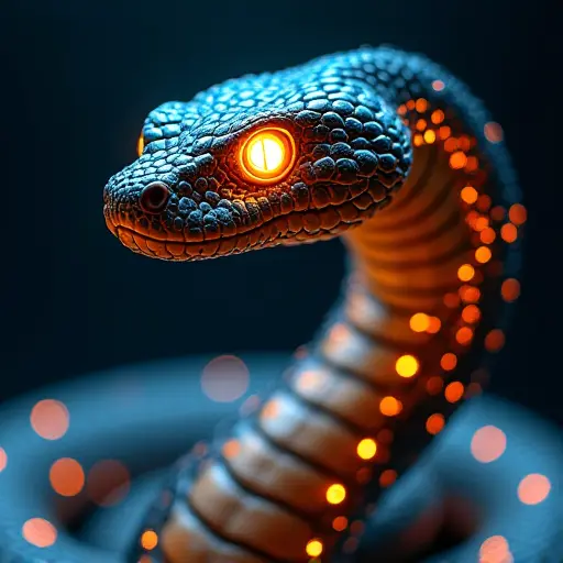 A snake avatar with glowing, laser-cut scales and sharp, glowing eyes, creating an energetic, high-tech aesthetic.