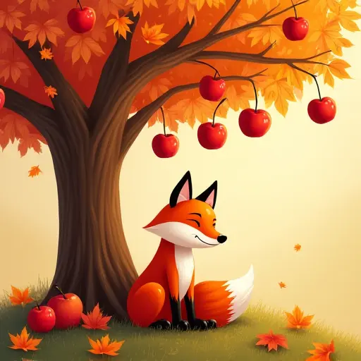 A fox sitting peacefully beneath an apple tree, surrounded by colorful autumn leaves, while fresh red apples fall from the tree, creating a vibrant and welcoming autumn scene.