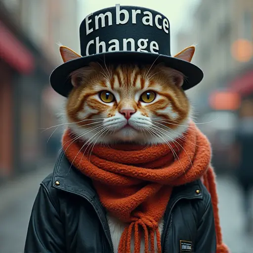 cat, hat, slogan Embrace Change, futuristic style