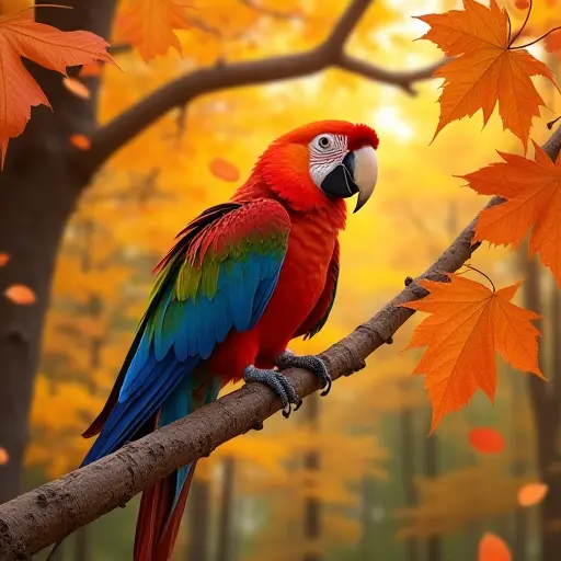 A parrot sitting on a branch among a swirl of bright autumn leaves, the forest around it bathed in warm orange and yellow hues.