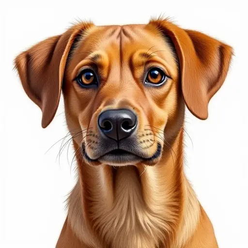 A brown dog with big, soulful eyes, drawn in warm tones with pencil and shaded delicately.