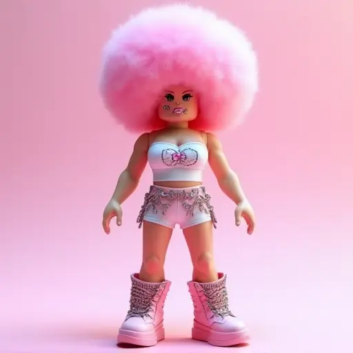 This Roblox avatar showcases a trendy rock star girl with a vibrant, fluffy pink afro, paired with metallic pink boots for a touch of boldness. She’s dressed in a white bustier with a butterfly pattern and white shorts, creating a playful, stylish, and energetic look. If you want to show off a cool yet cute rock star vibe in Roblox, this avatar is the perfect choice! This free downloadable 3D avatar is designed for players who love unique styles and current fashion trends. Make this avatar your star character in Roblox today!