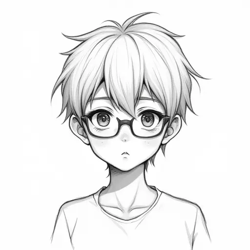 A short-haired boy with glasses, drawn with minimal lines and detailed pencil shading for his face and glasses.