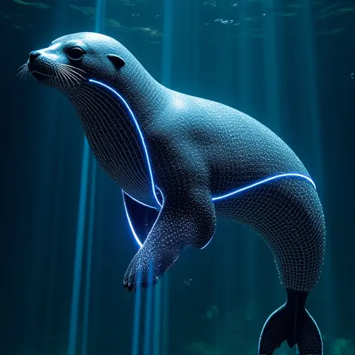 A sea lion with its body outlined in laser beams, which pulse and change color as it moves through the water. Its skin is textured with high-tech materials, creating a balance between natural elegance and futuristic technology.