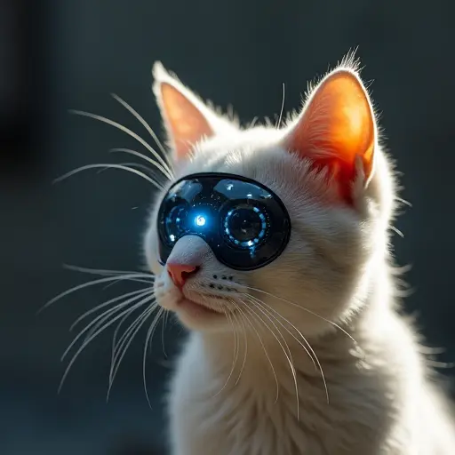 A cat with one or more electronic, digital eyes that simulate a camera, scanning its environment in real-time.