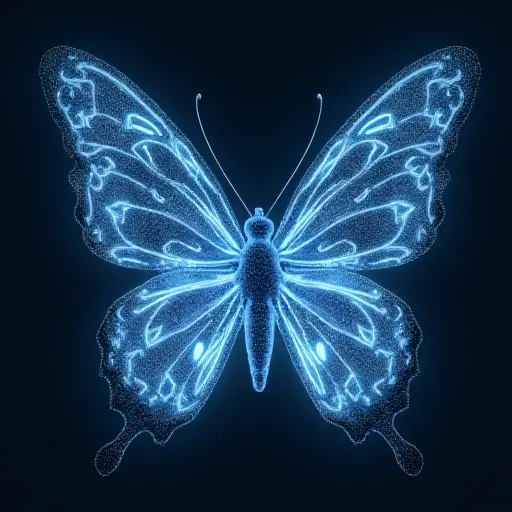 A butterfly avatar with holographic wings and digital patterns forming across its body, representing virtual reality.