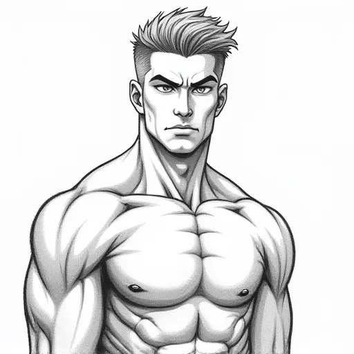 A tall, muscular man with short hair and a strong expression, drawn in fine pencil lines with bold shading.