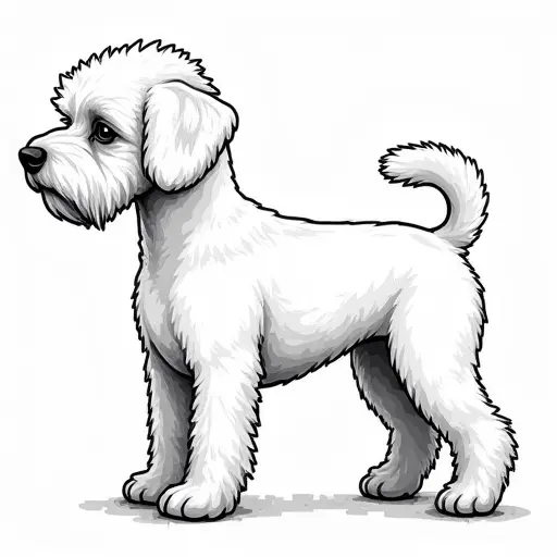 clean black and white hand-drawn outlines of a bichon frise from the side view