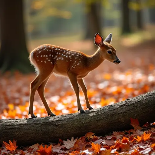 A fawn stepping carefully over a fallen log, surrounded by a blanket of autumn leaves, the forest floor covered in red and orange leaves with sunlight casting dappled shadows on the ground.