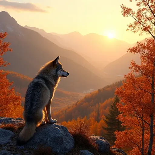 A lone wolf standing on a hill overlooking a valley covered with golden and red autumn leaves, the distant mountains in the background bathed in the soft glow of the late afternoon sun, creating a peaceful, tranquil autumn landscape.