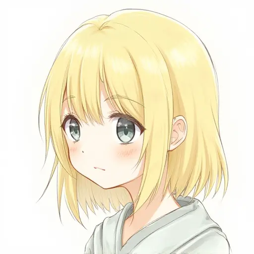 A girl with light yellow hair and a calm expression, sketched with fine lines and soft shading.