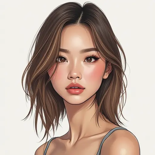 A slim woman with shoulder-length hair, drawn in a detailed pencil style, soft highlights to emphasize her features.