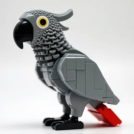 LEGO style of a african grey parrot from the side view