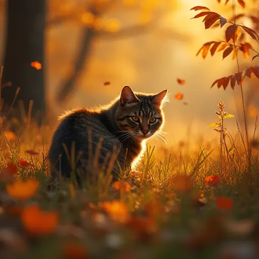 A cat crouching in a patch of tall grass in an autumn forest, with the golden and red leaves swirling around it, creating a sense of mystery and quiet.