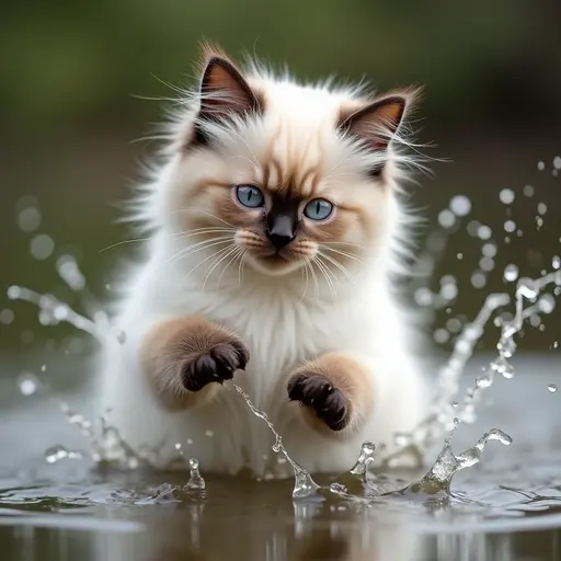 hd photo of A birman cat playfully splashing water with its paws, showing a mischievous expression.