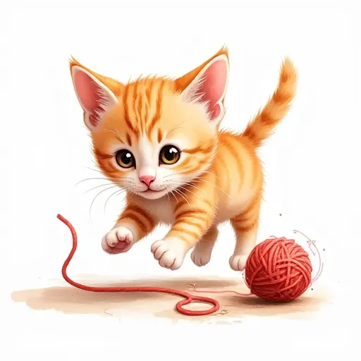 A playful kitten chasing a ball of yarn, sketched in cute, flowing lines with soft watercolor highlights.