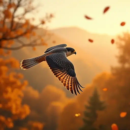 A peregrine falcon flying swiftly through an autumn sky, with the golden leaves swirling beneath it and the landscape below bathed in warm, soft sunlight.