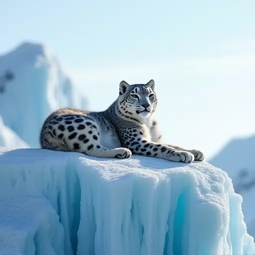 A snow leopard resting on a jagged glacier, its fur shimmering with ice-like patterns under a pale blue Arctic sky.