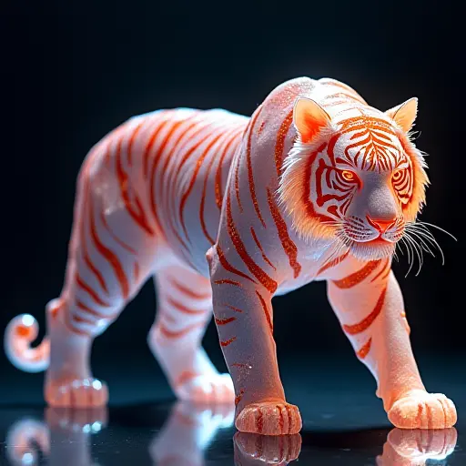 A tiger with a crystalline texture, its body reflecting light in various hues, creating a faceted, jewel-like appearance.