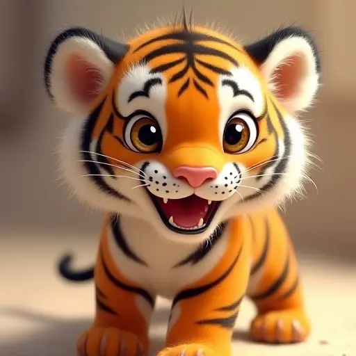 Playful tiger cub with soft fur, bright eyes, and a mischievous grin.