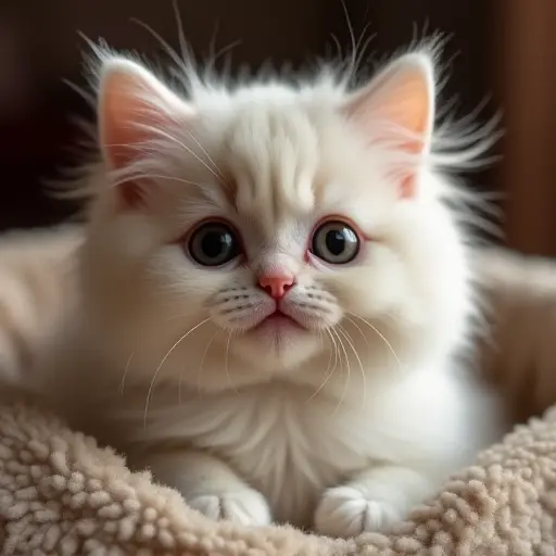 Fluffy cat with soft fur, big eyes, and a gentle smile, sitting in a cozy spot.