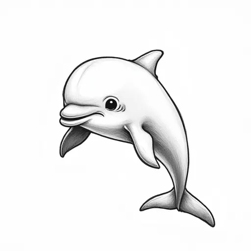 clean black and white hand-drawn outlines of a baby dolphin from the front view