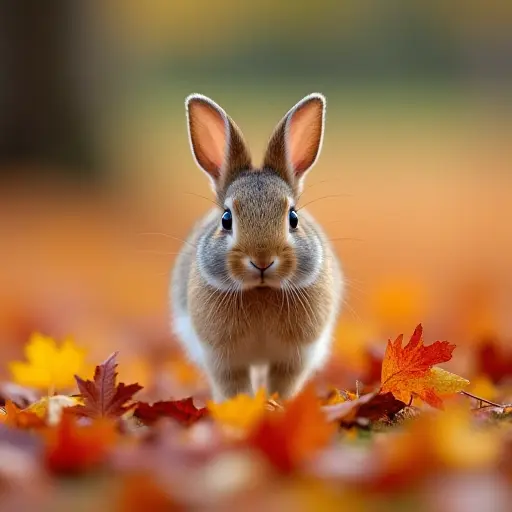 A tiny rabbit hopping across a field of fallen autumn leaves, its fluffy tail flicking in the breeze as it moves through the colorful sea of red, yellow, and orange leaves.