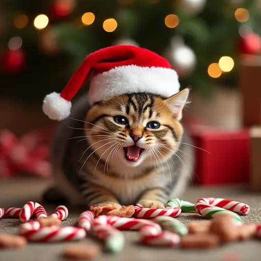 A playful cat with a Santa hat, sitting near a pile of colorful candy canes and holiday treats, with festive lights and a tree decorated with shining ornaments in the background.