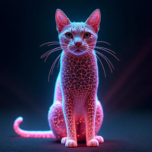 A cat avatar wrapped in a glowing laser grid, where the grid lines dynamically move and shift across its body.