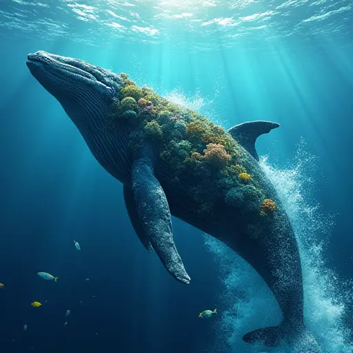 A majestic whale leaping out of the ocean, its body containing an entire underwater world of coral reefs, fish, and sparkling water.