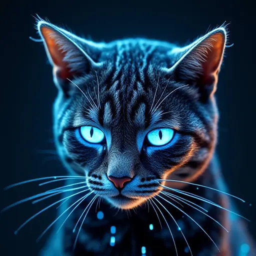 A futuristic cat face with a glowing digital mask, featuring animated data streams running across the surface.