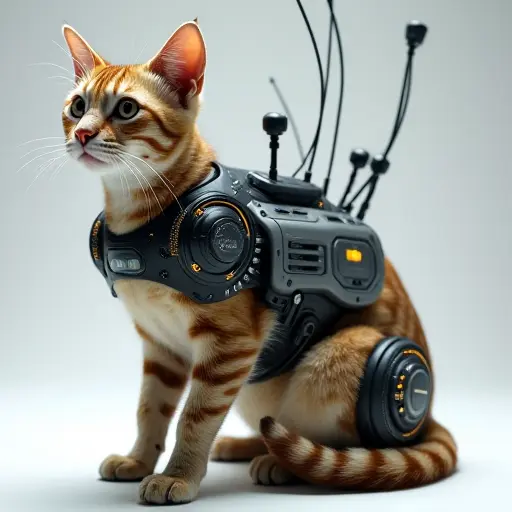 A cat with multiple high-tech sensors and antennas on its body, giving it a technological, sensory-driven design.