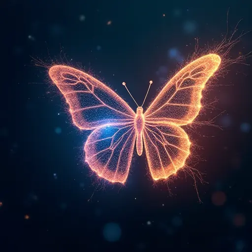 A butterfly flying through space, with wings formed by laser beams and digital particles, representing both nature and technology.