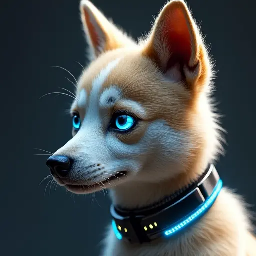 A dog avatar with hyper-realistic digital fur, glowing blue eyes, and a sleek metallic collar, combining nature and technology.