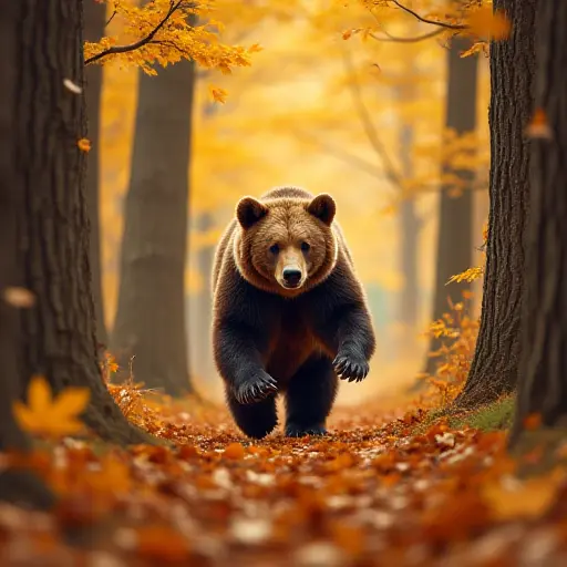 A bear walking through a forest of tall trees with golden autumn leaves fluttering around, its paws crushing leaves as it moves through the vibrant forest.