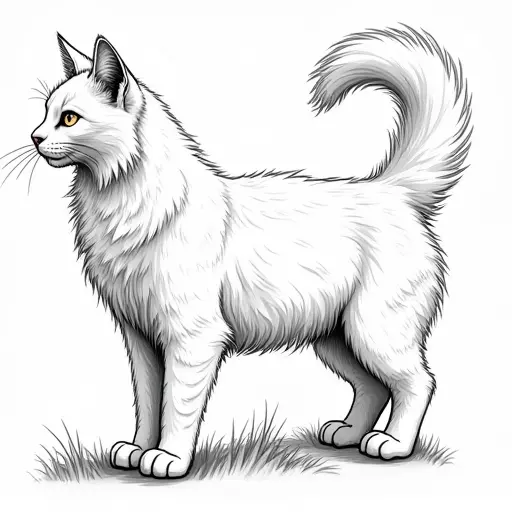 clean black and white hand-drawn outlines of a maine coon from the side view