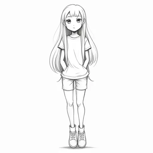 A tall girl with a relaxed expression and long hair, drawn in a clean, minimalist sketch style.