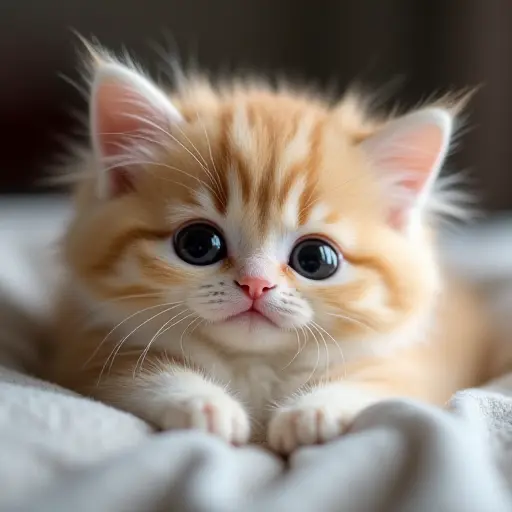 Sweet cat with soft fur, large eyes, and a gentle smile, lying on a pillow.