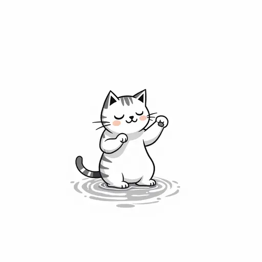 clean black and white hand-drawn outlines of A american shorthair playfully splashing water with its paws, showing a mischievous expression.