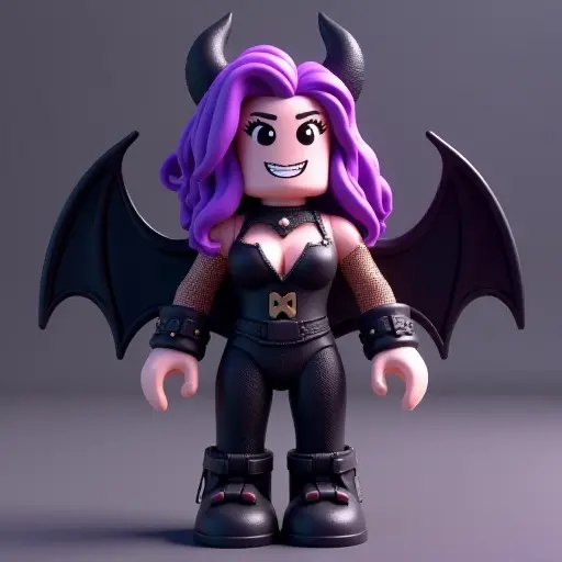 This free Roblox avatar girl features a bold and edgy look with black sexy leather pants, purple curly hair, bat wings, tight leggings, and horns, all blended with a rock style. The character exudes power, mystery, and confidence. Perfect for players who love a rock, sexy, and unique style. Whether used as a personalized avatar in Roblox or shared on social platforms, this avatar will make you stand out from the crowd. Free to download, making your character truly one of a kind!