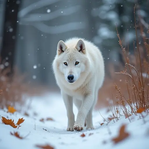 A white wolf walking through a snowy forest, with the wind blowing through the snow-covered trees and autumn leaves mixing with the snowflakes, creating a wintry, yet autumnal, atmosphere.