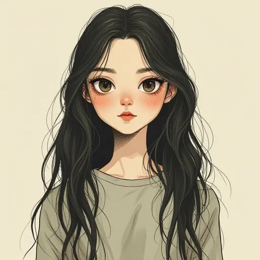 A girl with pale skin and long wavy hair, drawn with a soft sketch style and muted colors for a vintage film look.