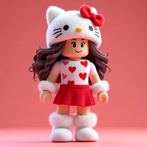 Looking for an adorable Roblox girl avatar? This one with long curly hair, a cute white Hello Kitty plush hat, and a heart-patterned pink tank top is the perfect choice! Paired with a red skirt and fuzzy white boots, this avatar exudes a sweet and kawaii vibe. Her small eyes and irresistibly cute expression bring a sense of innocence and charm, perfect for players who love fresh and sweet styles. Free to download, get this 3D cute girl avatar now and make your Roblox character stand out with ultimate cuteness!