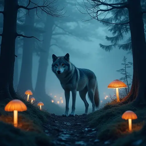 A wolf standing silently in a mystical forest, surrounded by swirling mist and the faint glow of bioluminescent mushrooms lighting its path.